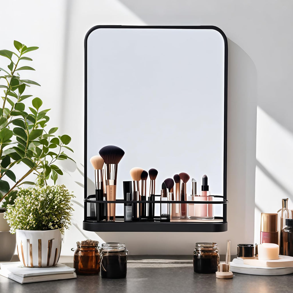 Black Bathroom Mirror with Shelf, 24"x36" Wall Mounted Vanity Mirror with Metal Frame & Rounded Corners, Storage Shelf