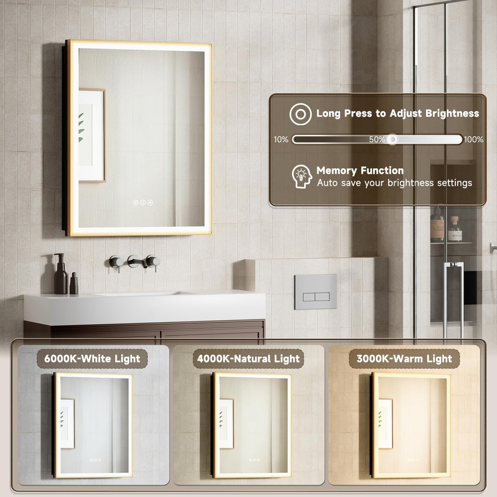 24x30 Inch Lighted Medicine Cabinet Aluminum Frame 3-Color Dimmable LED Anti-Fog Mirror Surface & Recessed Mount