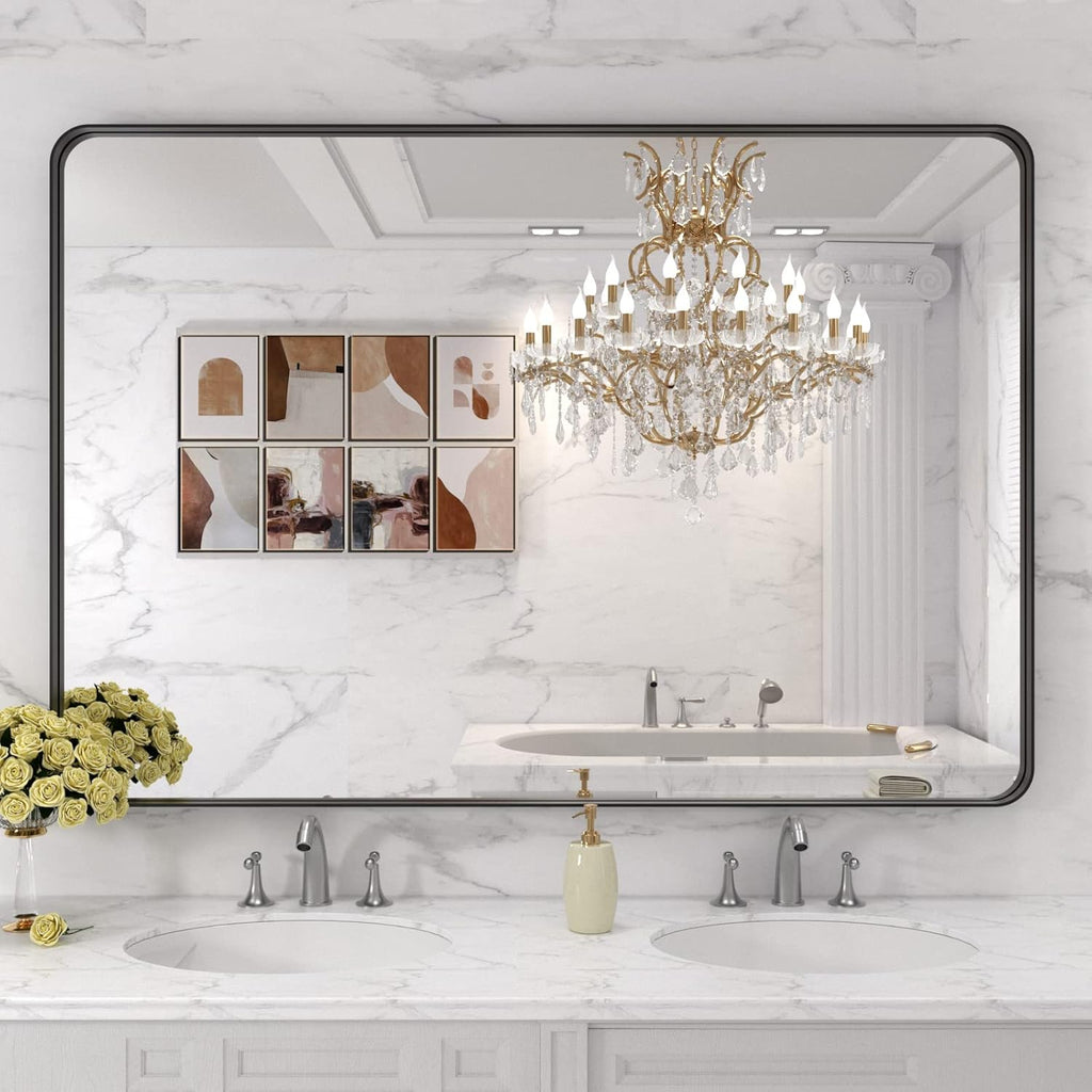 48X32 Inch Black Metal Framed Bathroom Mirror for Wall, Matte Black Bathroom Vanity Mirror Farmhouse, Large Rounded