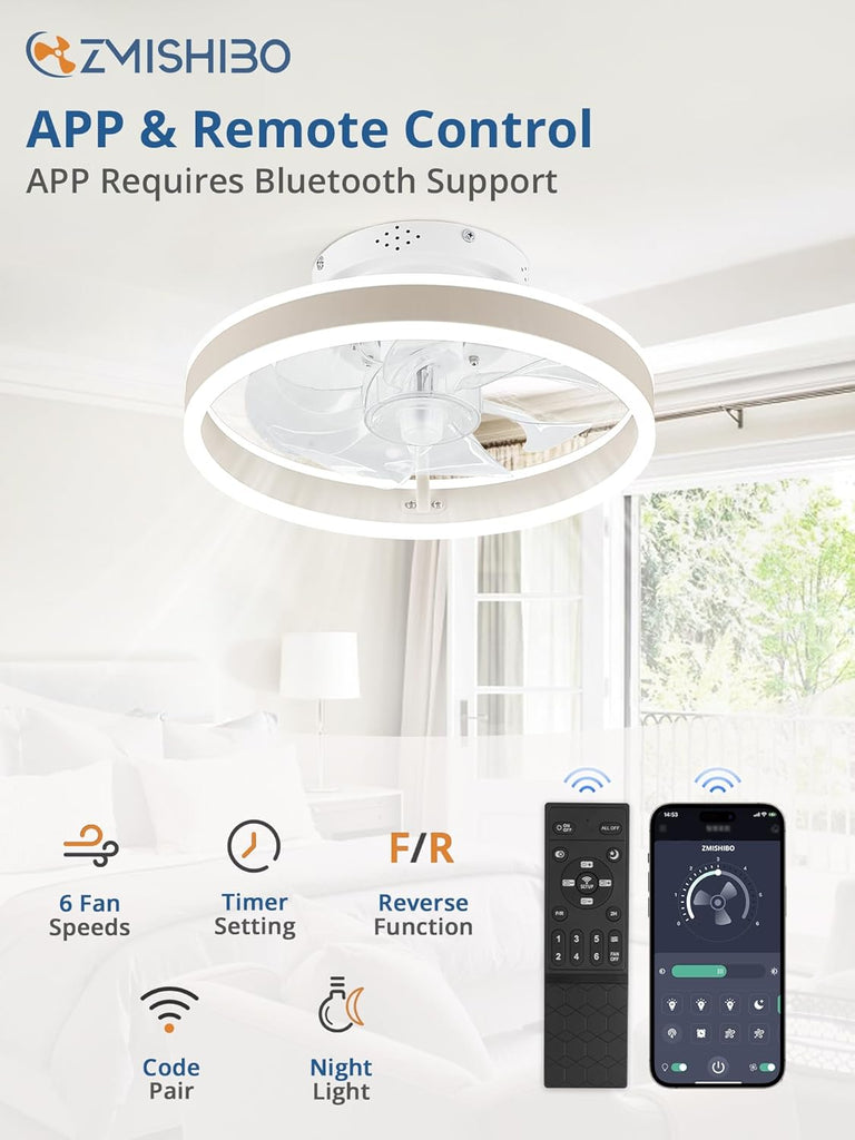 Low Profile Ceiling Fans with Lights and Remote, 13 Inch Fandelier Ceiling Fan with Light, White Modern Flush Mount Ceiling Fan, Small Dimmable LED Fan Lights for Bedroom A101-B0D2KS5L9J