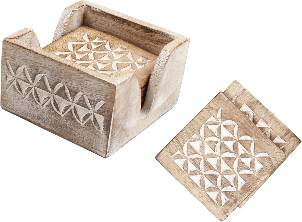 Wooden Coasters with Holder Stand | Whitewash Distressed Wooden Drink Coasters for Coffee, Tea & Wine - Set of 6