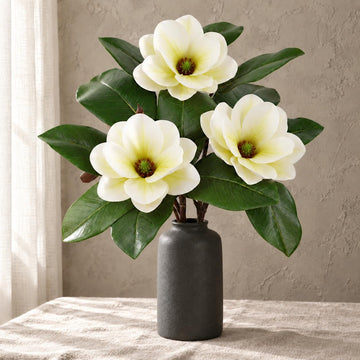 3PCS Artificial Magnolia Flowers with Green Leaves Steams