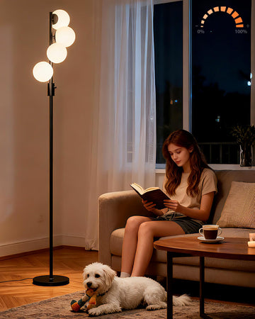 64IN Dimmable Globe Floor Lamp, Black Standing Lamps with 4PCS 3000K Bulbs Included, Mid Century Modern Floor Lamp