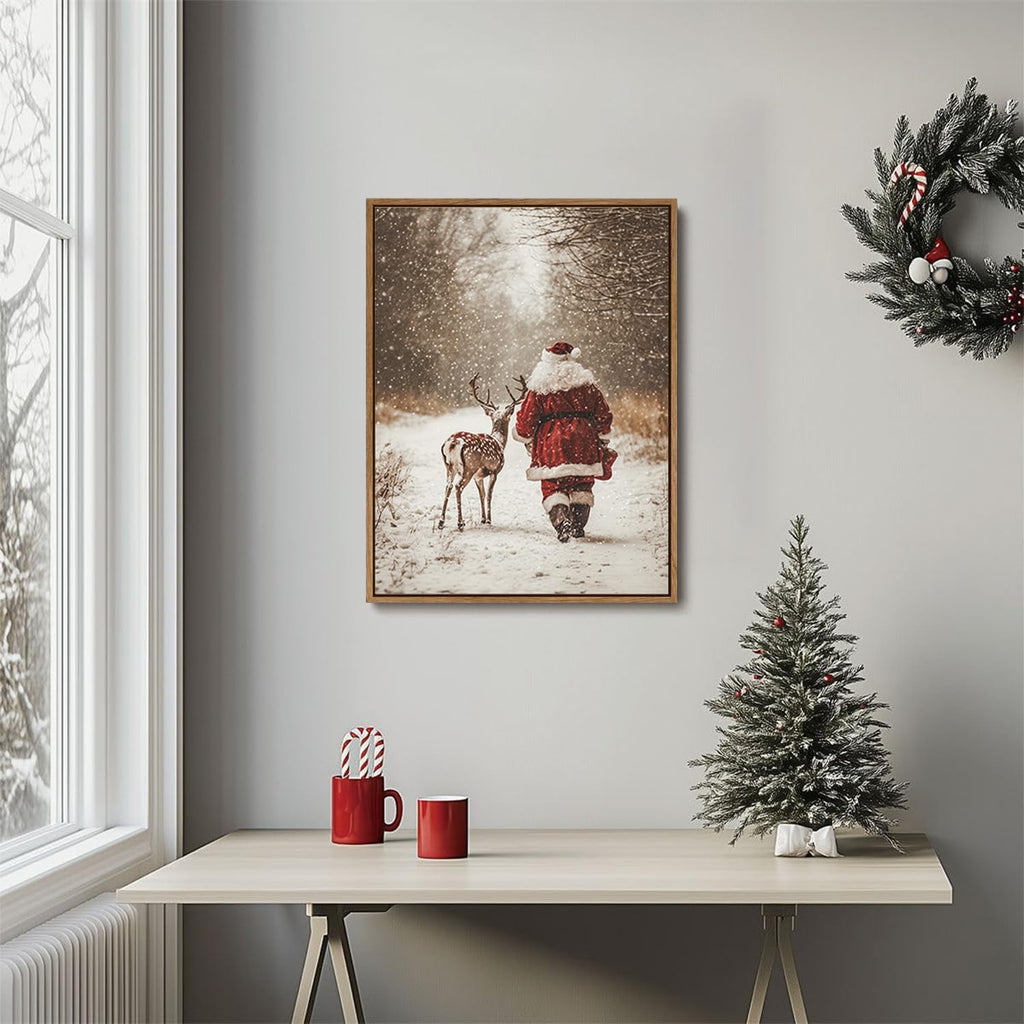 Vintage Christmas Santa Deer Framed Wall Art Snowy Forest Canvas Art