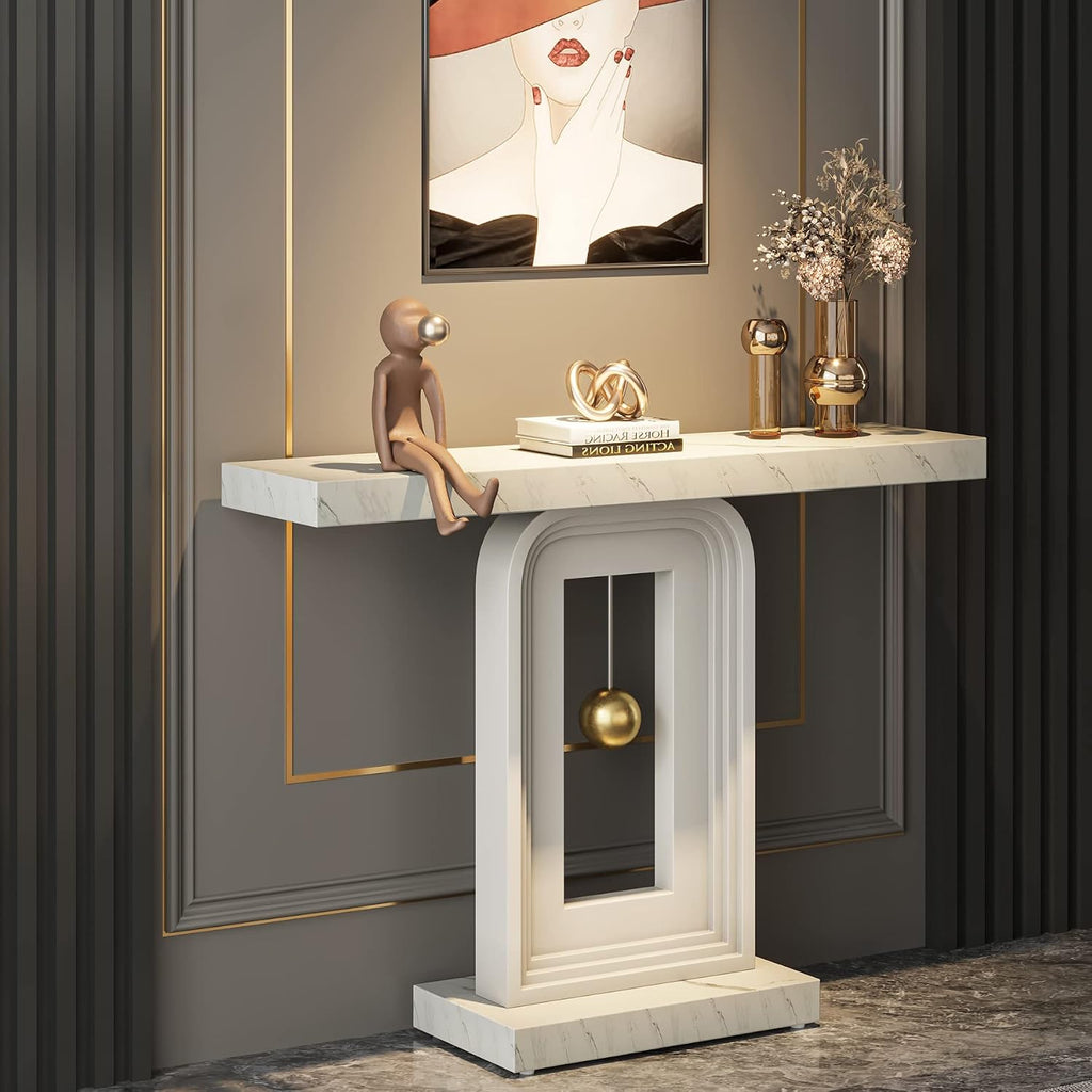 Modern Console Table, 40 Inches Faux Marble Sofa Table, Contemporary Entryway Table with Pendulum Shape Base Hallway