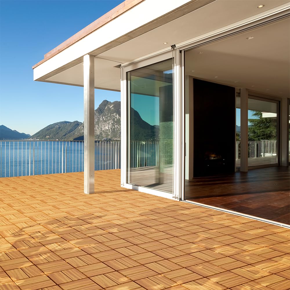 27 PCS 12" X 12" Acacia Deck Tiles, Waterproof Interlocking Deck Tiles for Indoor/Outdoor Wood Flooring, Easy DIY Snap