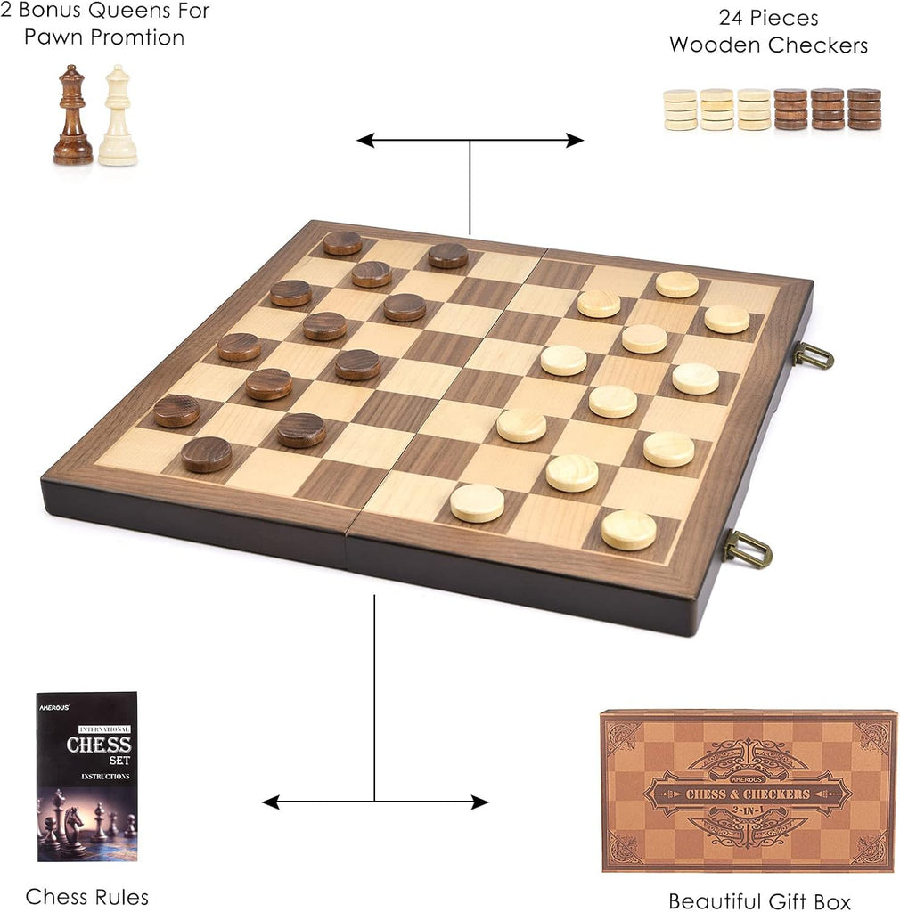 Magnetic Wooden Chess and Checkers Game Set, 15 Inches (2 in 1) Chess Board Games, 2 Extra Queens - Gift Package