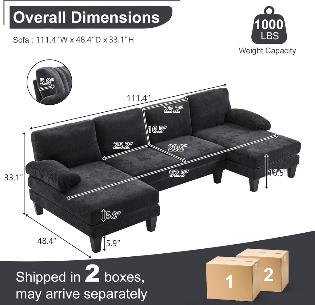 Karl home U-Shape Sectional Sofa Couch 111" Modern 4-Seat Sofa with Chaises Chenille Fabric Upholstered Covertible