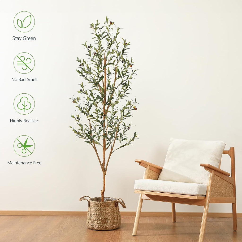 6FT Artificial Olive Tree, Real Wood Trunk & Silk Leaves