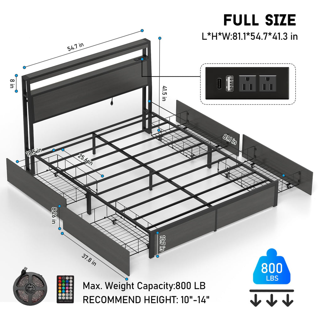 Bed Frame with 2-Tier Storage Headboard and 4 Drawers, Metal Platform Bed Frame with LED & Charging Station, No