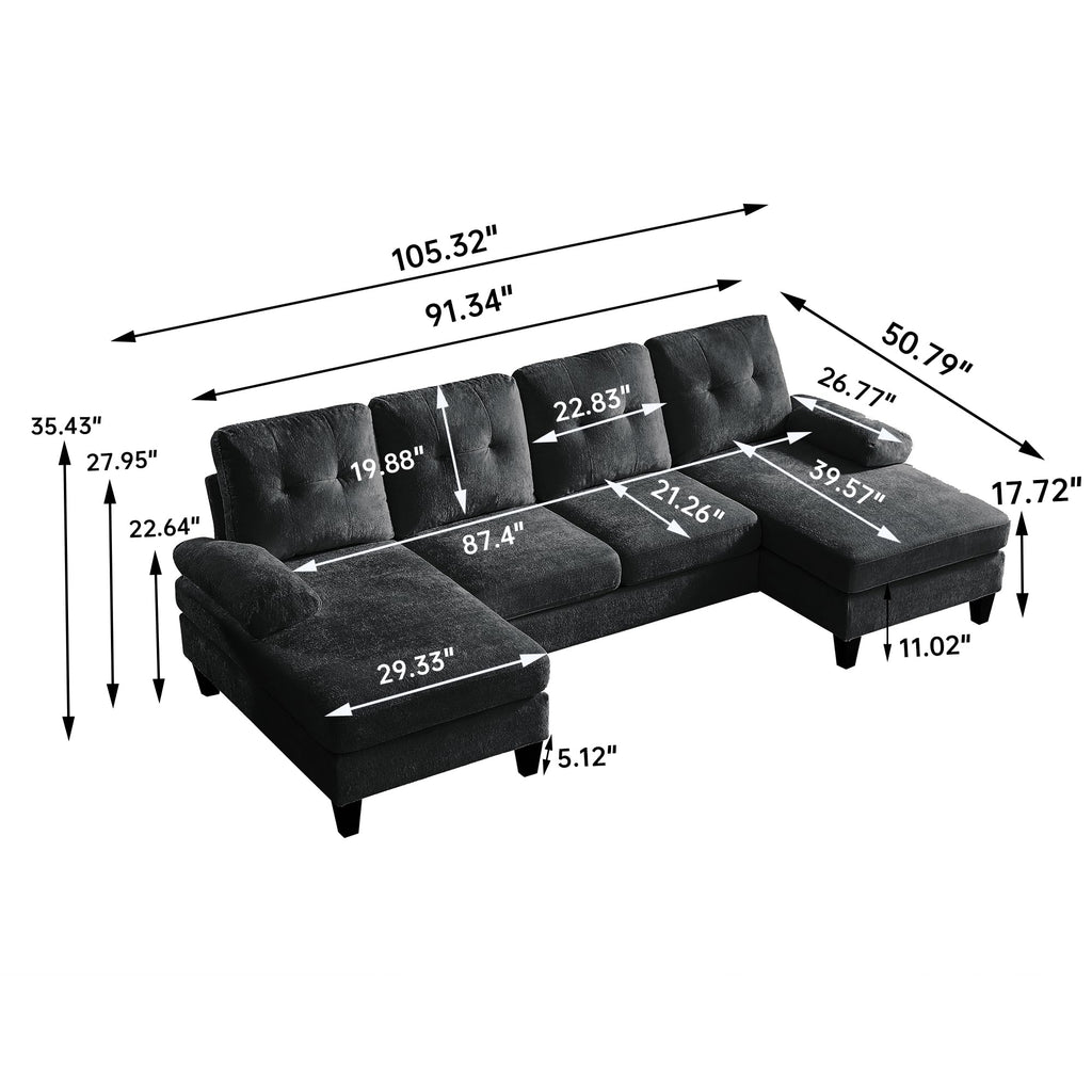 105" Sectional Sofa Couch, U Shape Sofas 4 Seat Couches with Double Chaise and Armrest, Modern Polyester Velvet