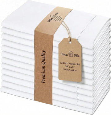 Cloth Napkins White Hemstitch Dinner Napkins Set of 12 (20X20) 100% Cotton Absorbent Washable Durable Reusable Ideal