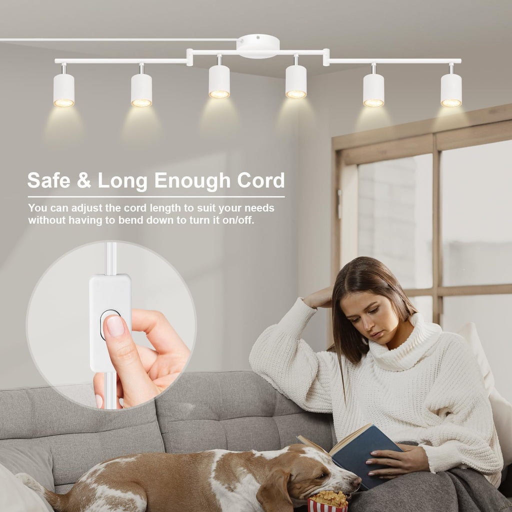 Plug in Track Lighting LED, Track Lighting Fixtures Ceiling, White 6-Light Kitchen Light Kit, Plug in Wall Light