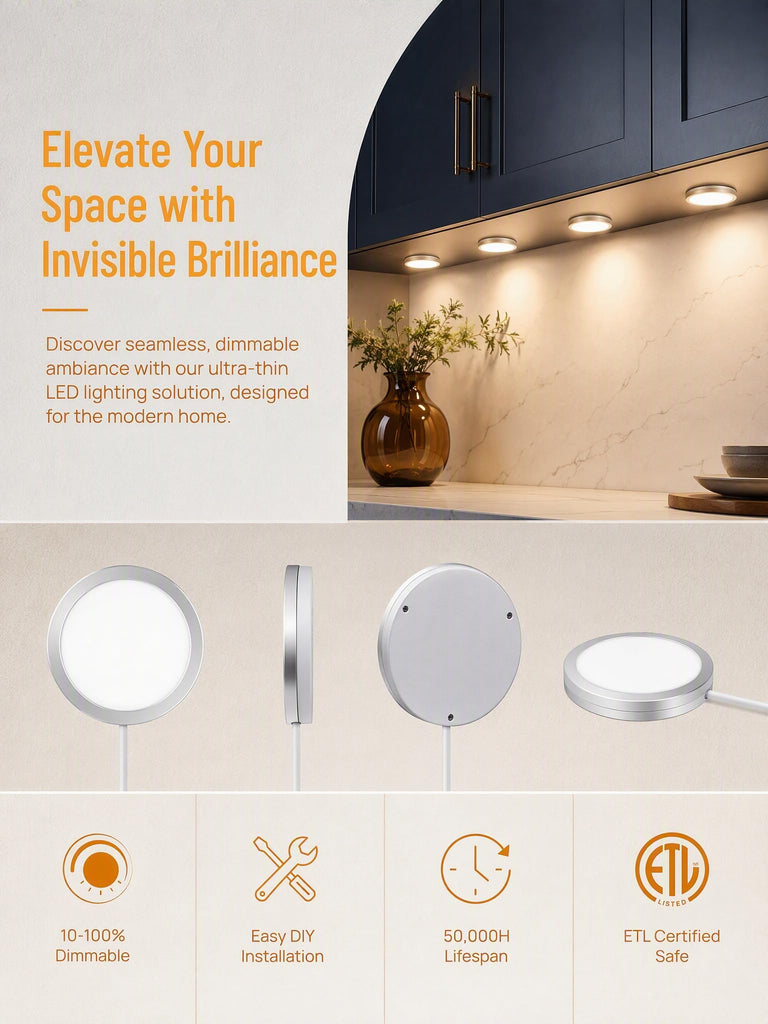 LED Puck Lights 6-Pack, Dimmable Under Cabinet Lights 6000K White