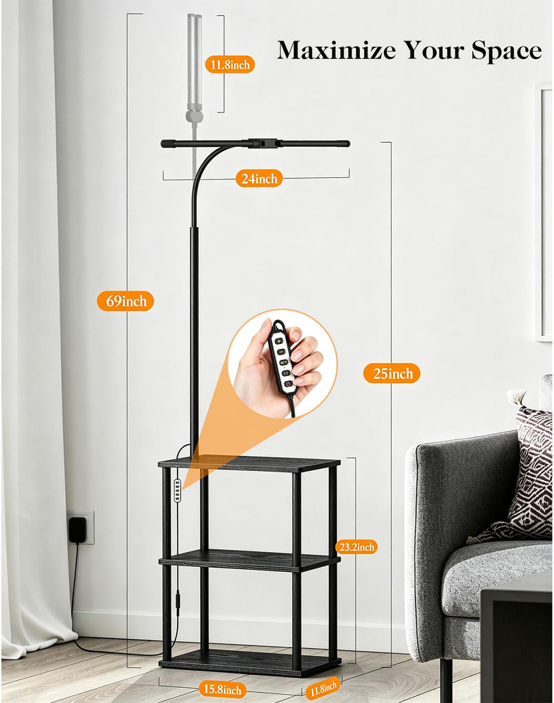 LED Floor Lamp with Table, 18W Bright Reading Floor Lamp, Narrow Side Table with Dual Head Goose-Neck, Adjustable