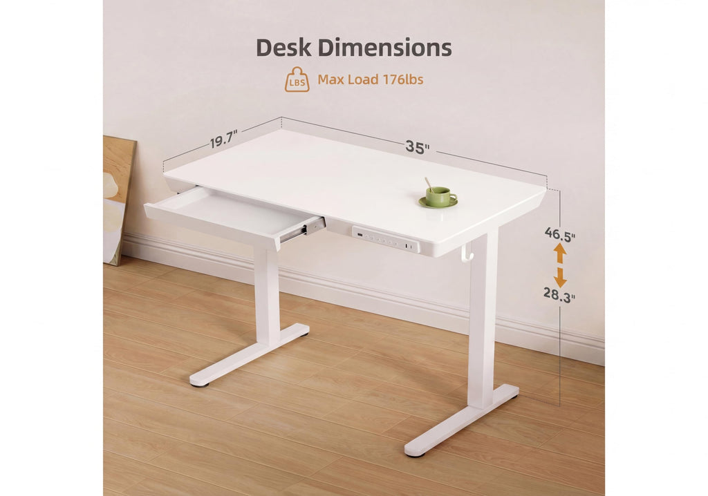 35" Small Glass Standing Desk with Drawers & USB Ports, Whole-Piece Glass Top Adjustable Height Desks, Quick-Install