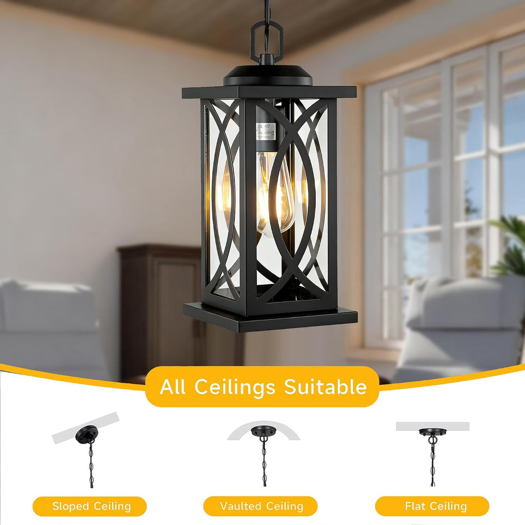 Outdoor Pendant Light, Farmhouse Hanging Lantern Light Fixture with Clear Glass Shade