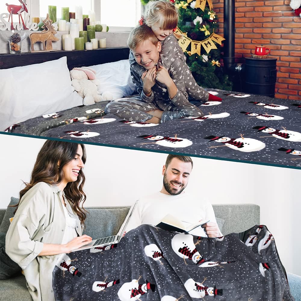 Christmas Snowman Throw Blanket | Grey Christmas Fleece Blanket | Soft, Plush, Warm Winter Cabin Throw, 50x60 (Grey