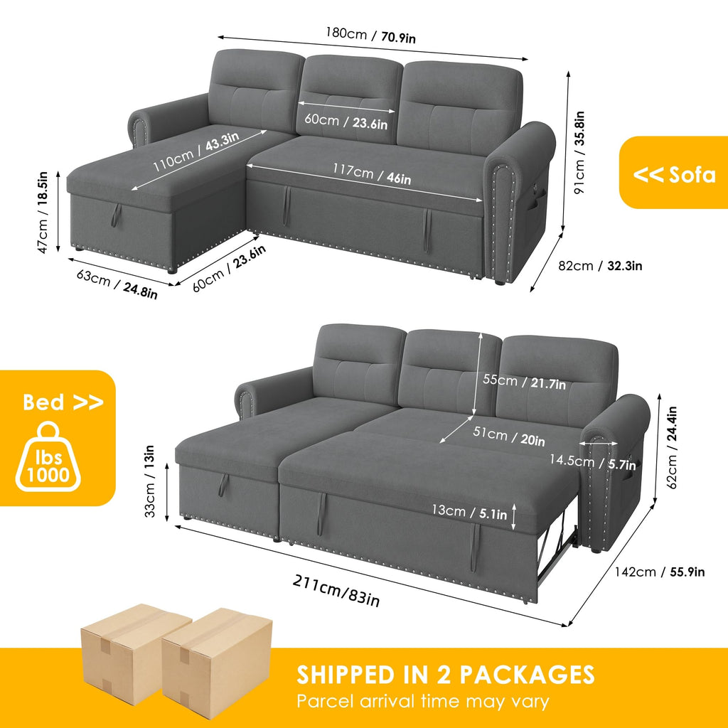 Sleeper Sofa Bed, 83'' Sectional Couch with Reversible Storage Chaise & Nailhead Armrest, Pull Out Couches, Side