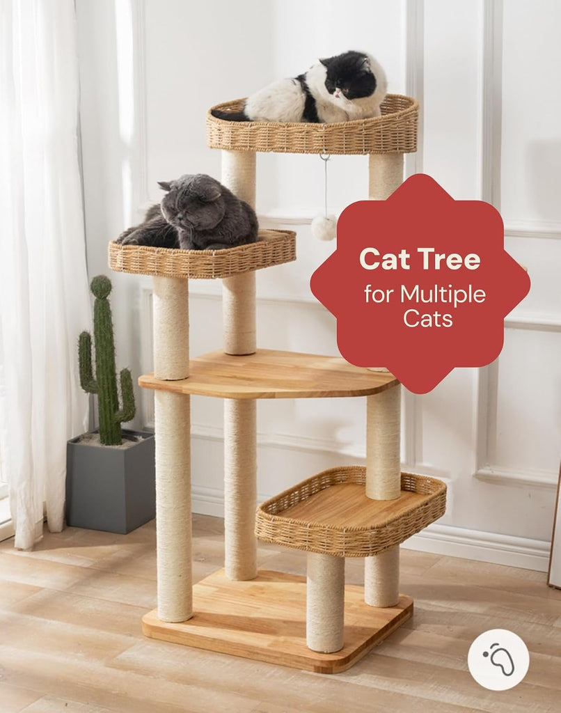 Modern Natural Wood Wooden Cat Tree Tower, 3 Large Rattan Wicker Basket Perch Beds with Cozy Cushion Sisal Scratching