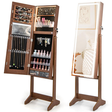 Jewelry Cabinet Armoire with Full Length Mirror, Freestanding Jewelry Cabinet with 3-Color LED Lights, Built-in