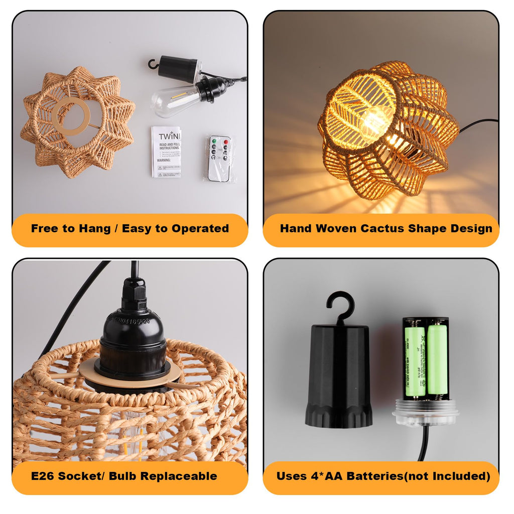 Battery Operated Chandelier, 2Pack Hanging Gazebo Lights, Cactus Shape Boho Rattan Pendant Lights Outdoor Waterproof