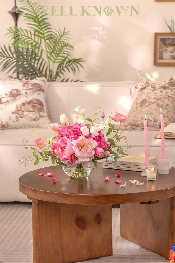 Artificial Flowers in Vase, Silk Hydrangea Bouquet and Peonies Artificial Flowers Table Centerpieces with Faux Water