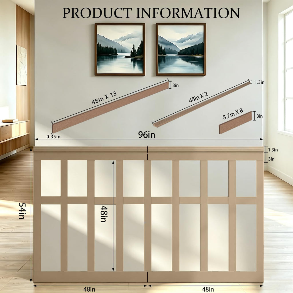 Board and Batten Wainscoting Panel Kit,MDF Premade Paintable Panel,54X96in