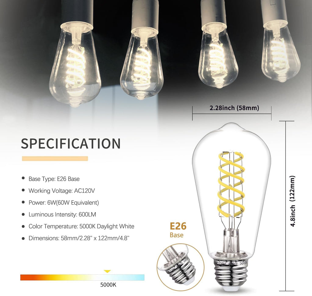 6 PCS ST58 Dimmable Spiral Vintage E26 LED Bulb 60 Watt LED Edison Bulbs