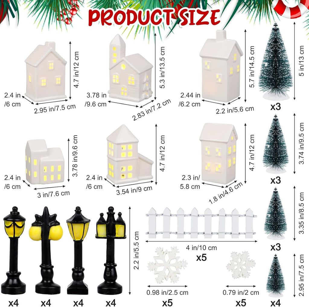 39 Pieces LED Lighted Ceramic Winter Village Building Figurines and Accessories Desktop Ornament Set for Holiday