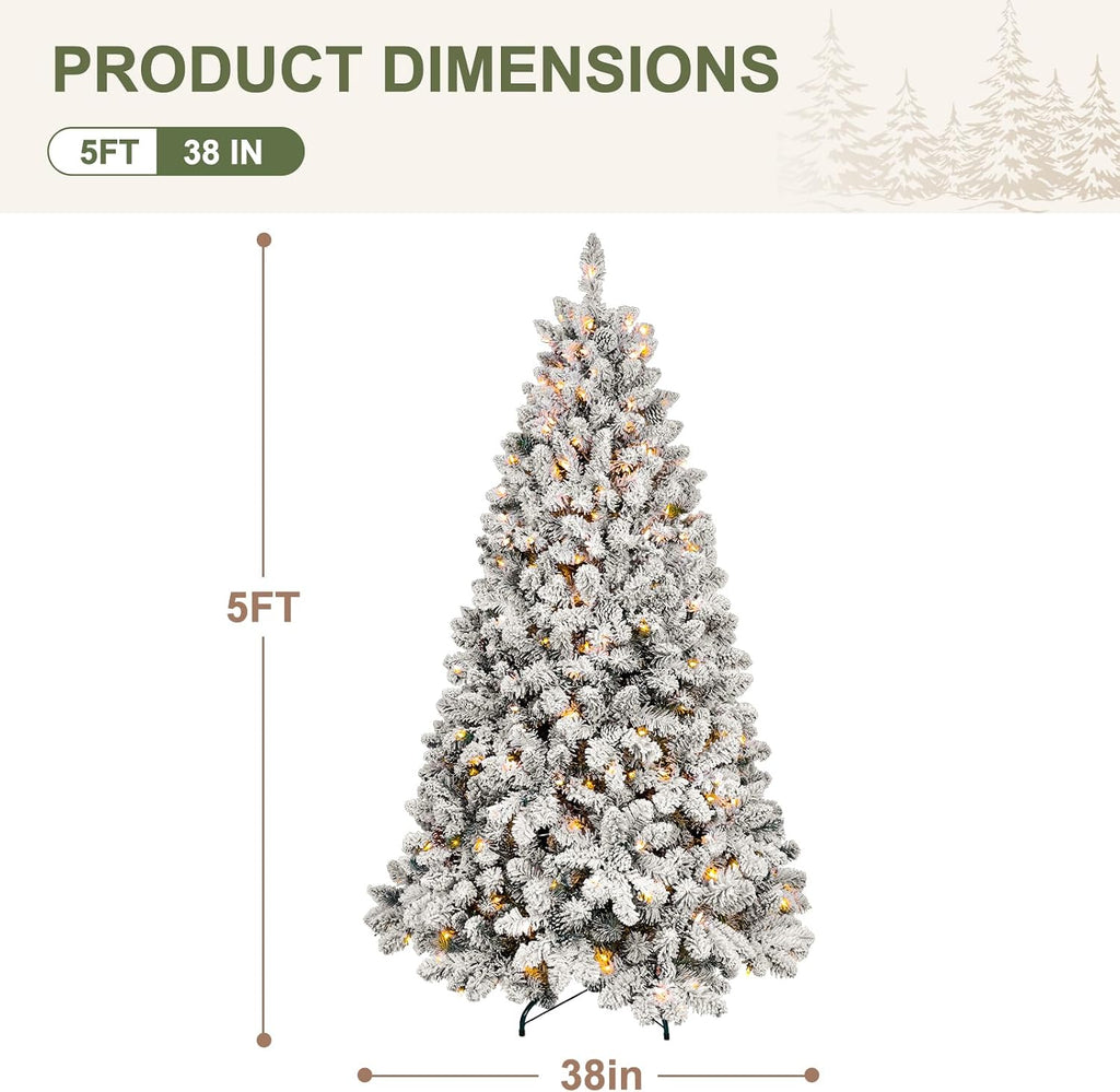 Pre-lit Flocked Christmas Tree, Artificial Christmas Tree with Lights, Snow Frosted Christmas Trees Pre-lit