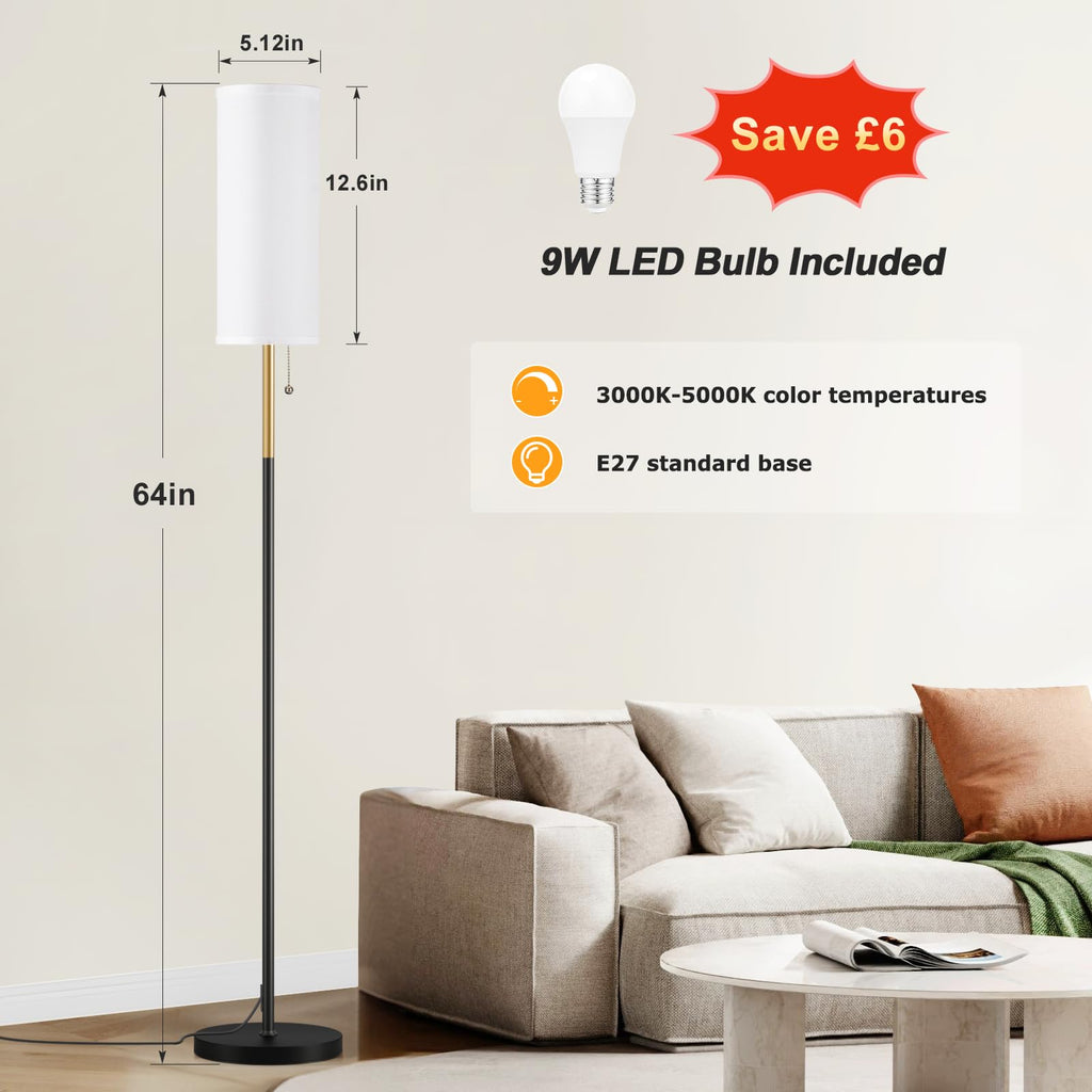 64" Floor Lamp with Bulb & Lampshade & Chain Switch, Black & Gold