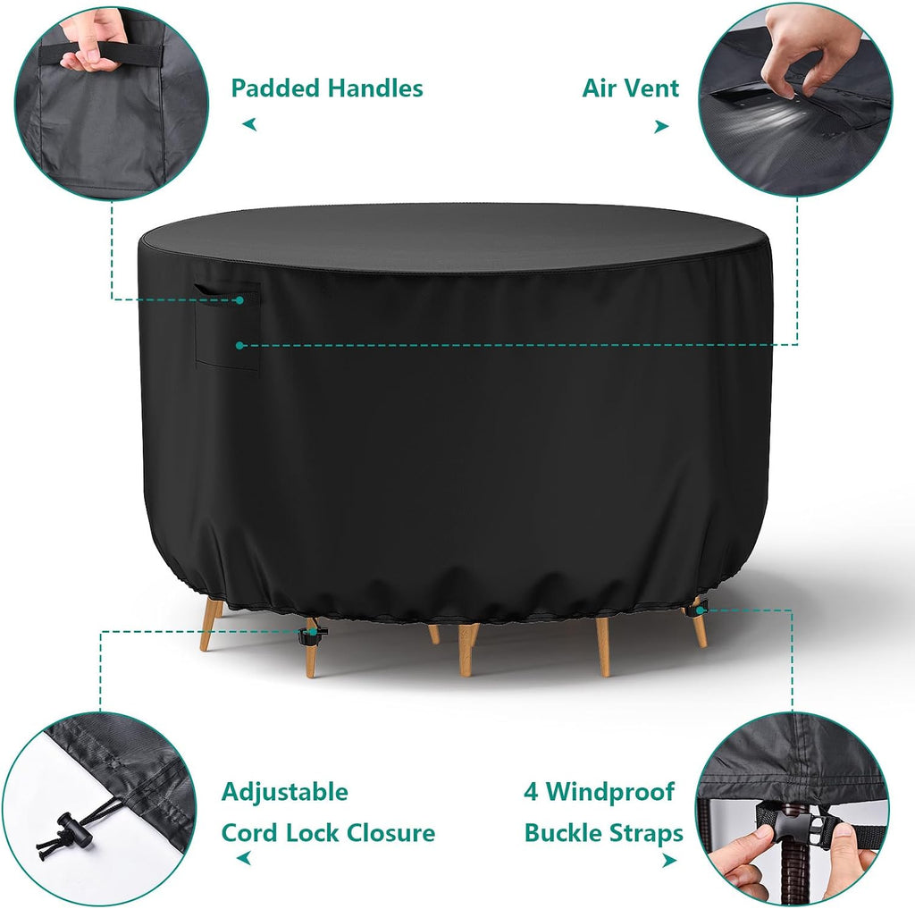 Round Patio Furniture Cover, Waterproof Outdoor Table Covers, Windproof Heavy Duty Patio Cover for Outdoor Table &
