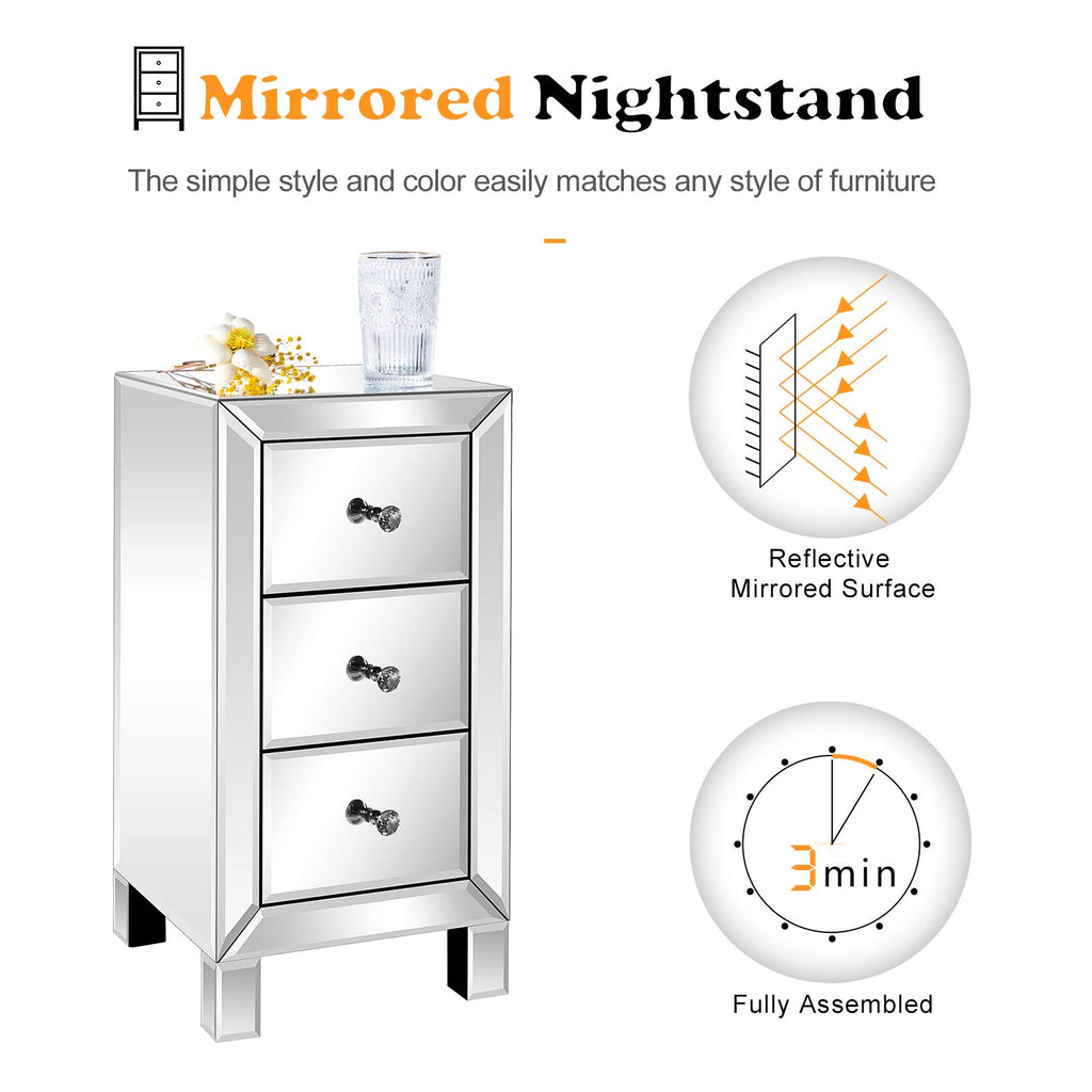3-Drawer Mirrored Nightstand End Table Bedside Table, Silver, 11.7" L x 11.8" W x 23.8" H