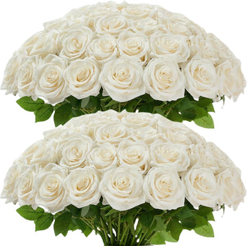100 Pcs White Rose Artificial Flowers Bulk, Ivory Silk Fake Roses with Long Stem for Wedding Decoration, Bridal