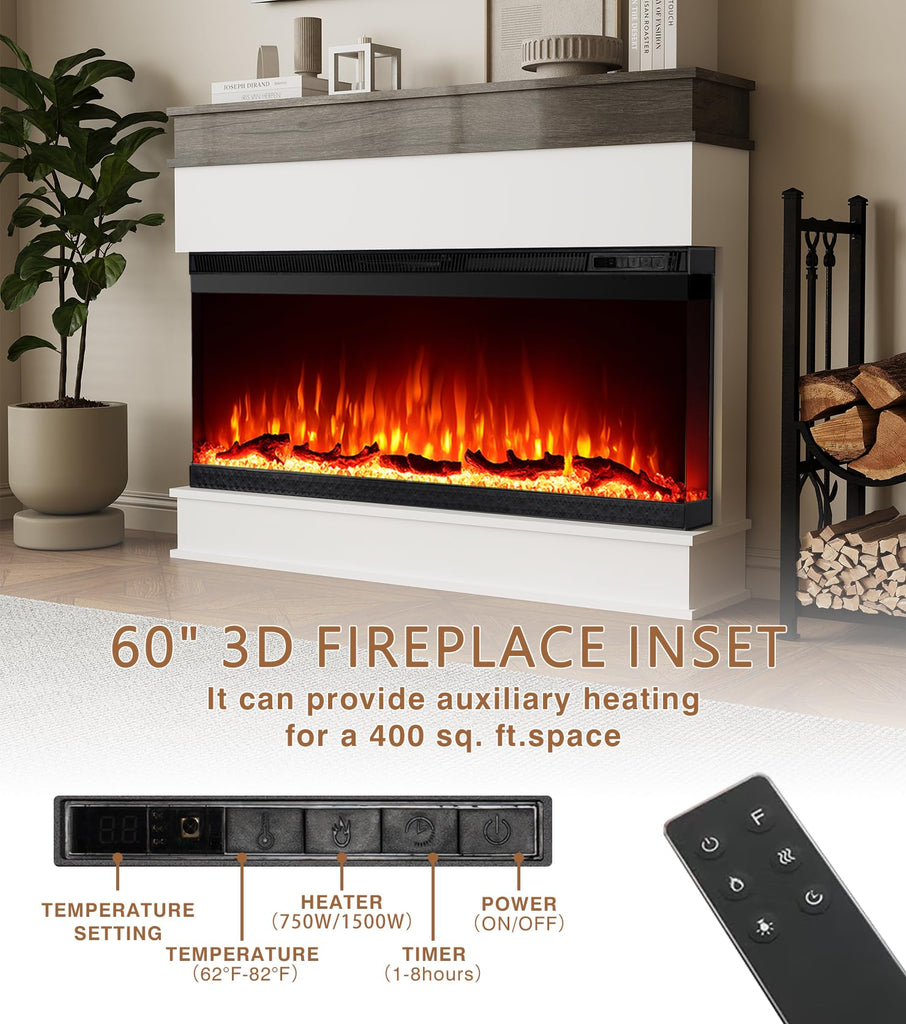 3-Sided View Electric Fireplace Insert - Minimalist Mantel - 12 Color Flame Effect - 1500/750 Watt Heater - Remote