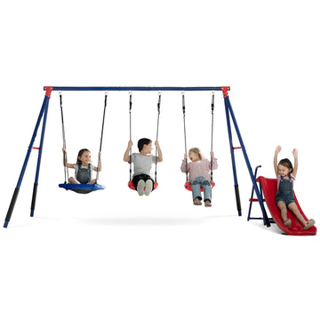 FunZone Outdoor Metal 4-Piece Swing Set - Includes 2 Swings, 1 Disc/Saucer Swing and Slide, Blue/Red