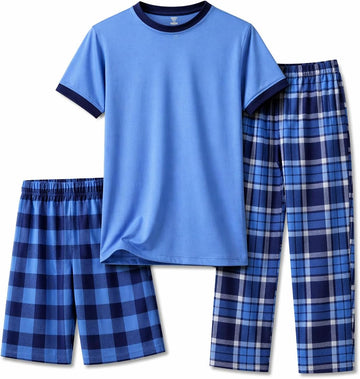 Boys Pajamas Set | Piece Pant, Shirt, Shorts Sleepwear Pjs for Kids | Loose Fit, Soft, Breathable Blue Plaid