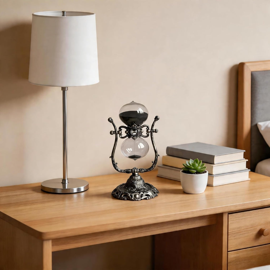 Vintage 30-Minute Hourglass with Zinc Alloy Base - Black Sand Timer Desk Decor, Decorative Antique Style Glass &