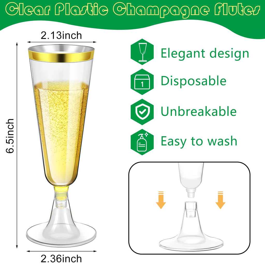 300 Pcs Plastic Champagne Flutes Disposable, 4.5 oz, Gold Rim