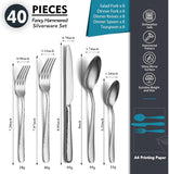 Hammered Silverware Set, 40-Piece Stainless Steel Flatware Set for 8, Mirror Finish Tableware Kitchen Cutlery Sets