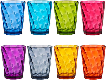 Optix Plastic Reusable Drinking Glasses (Set of 8) 14oz Rocks Cups in Jewel Tone Colors | BPA-Free Tumblers, Made in