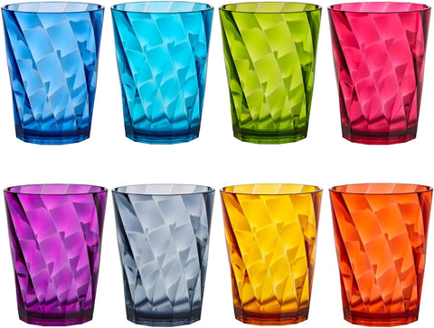 Optix Plastic Reusable Drinking Glasses (Set of 8) 14oz Rocks Cups in Jewel Tone Colors | BPA-Free Tumblers, Made in