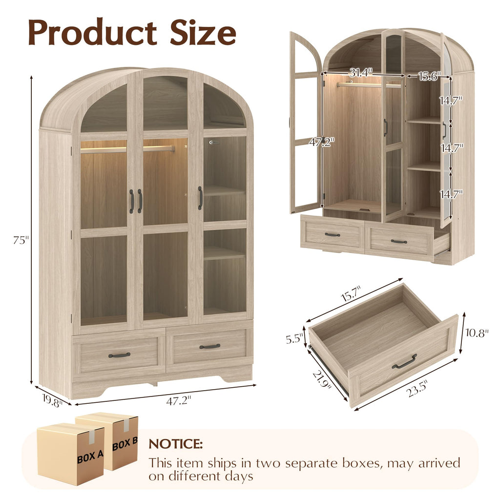 75"Arched Wardrobe Closet with 3 Doors, Bedroom Armoire with LED & Drawers