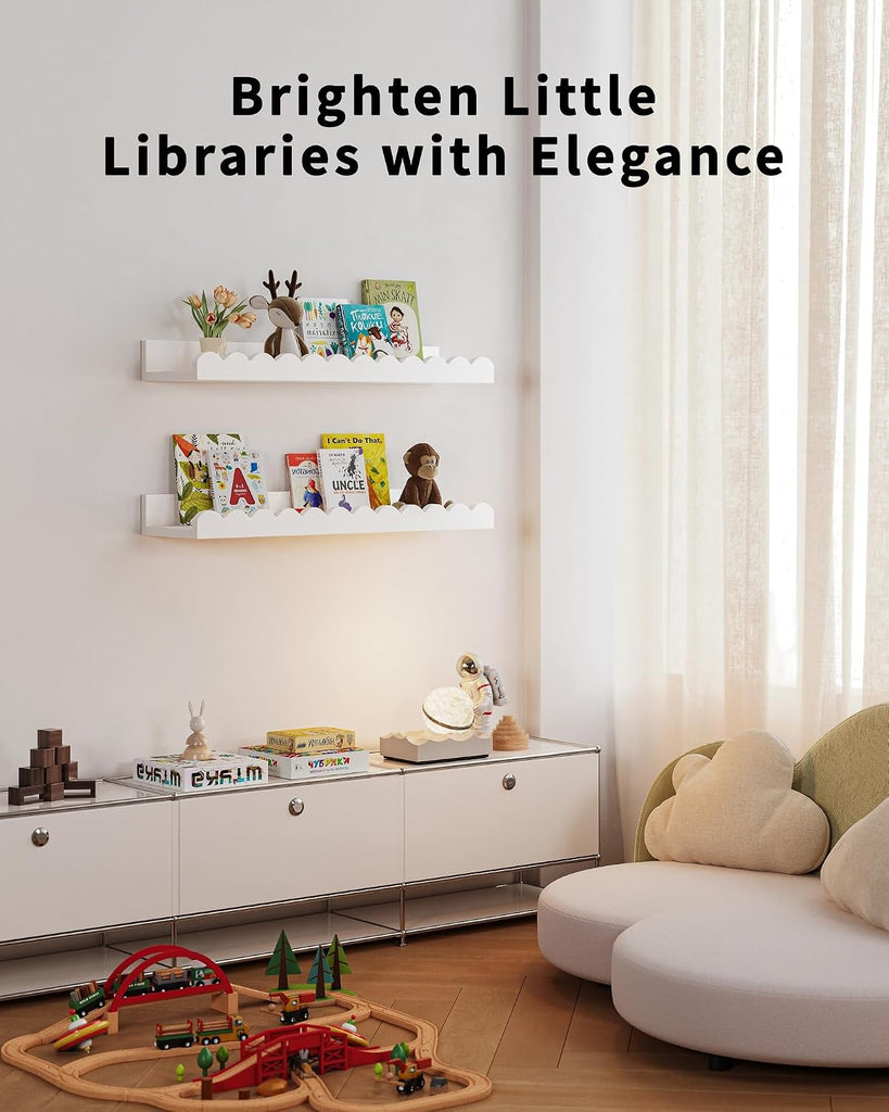 Nursery Book Shelves, Pack White Floating Shelves for Wall Kids, Scalloped Shelves, Wall Book Shelves Kids, Toddler