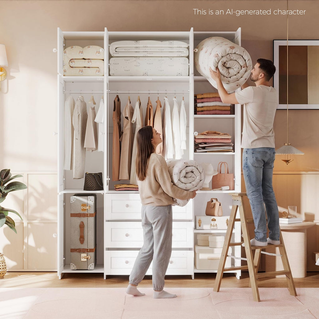 87" H Armoire Wardrobe Closet with Top Cabinets and Mirror