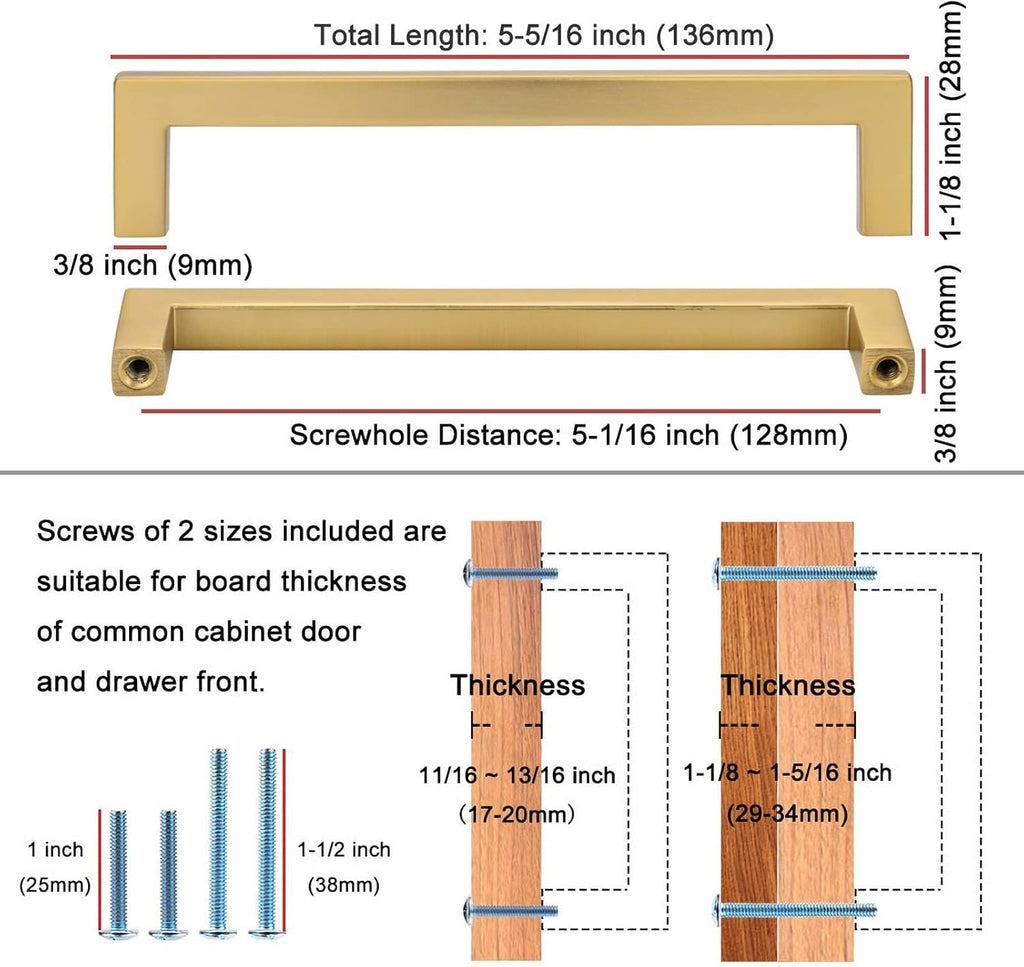 Solid Square Brushed Gold Kitchen Cabinet Handles Gold Cabinet Pulls, 10 Pack 5 Inch Gold Hardware Cabinets Drawers
