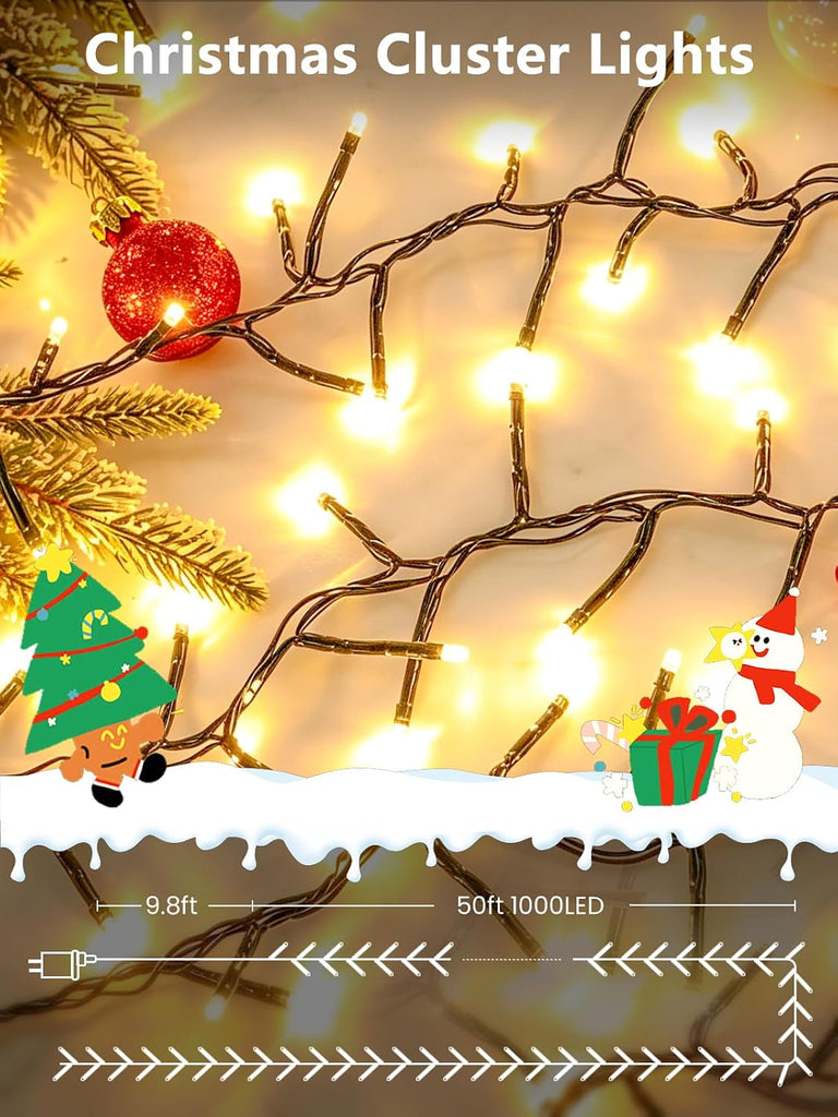 1000 LED Cluster Lights with Remote, Christmas Tree Lights Warm White