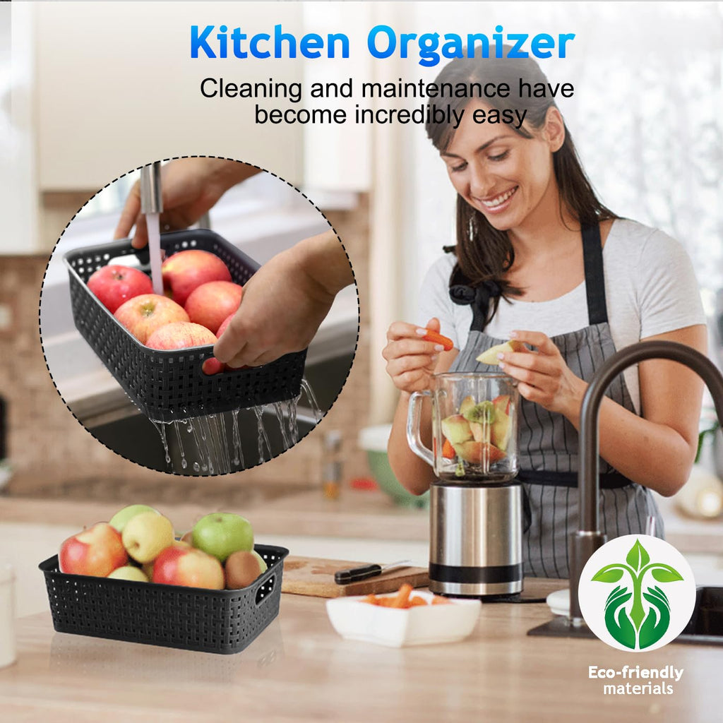 Black Plastic Basket, 8 Pack Home Organization and Storage Baskets with Handles, Space Saving Woven Organizer Bins