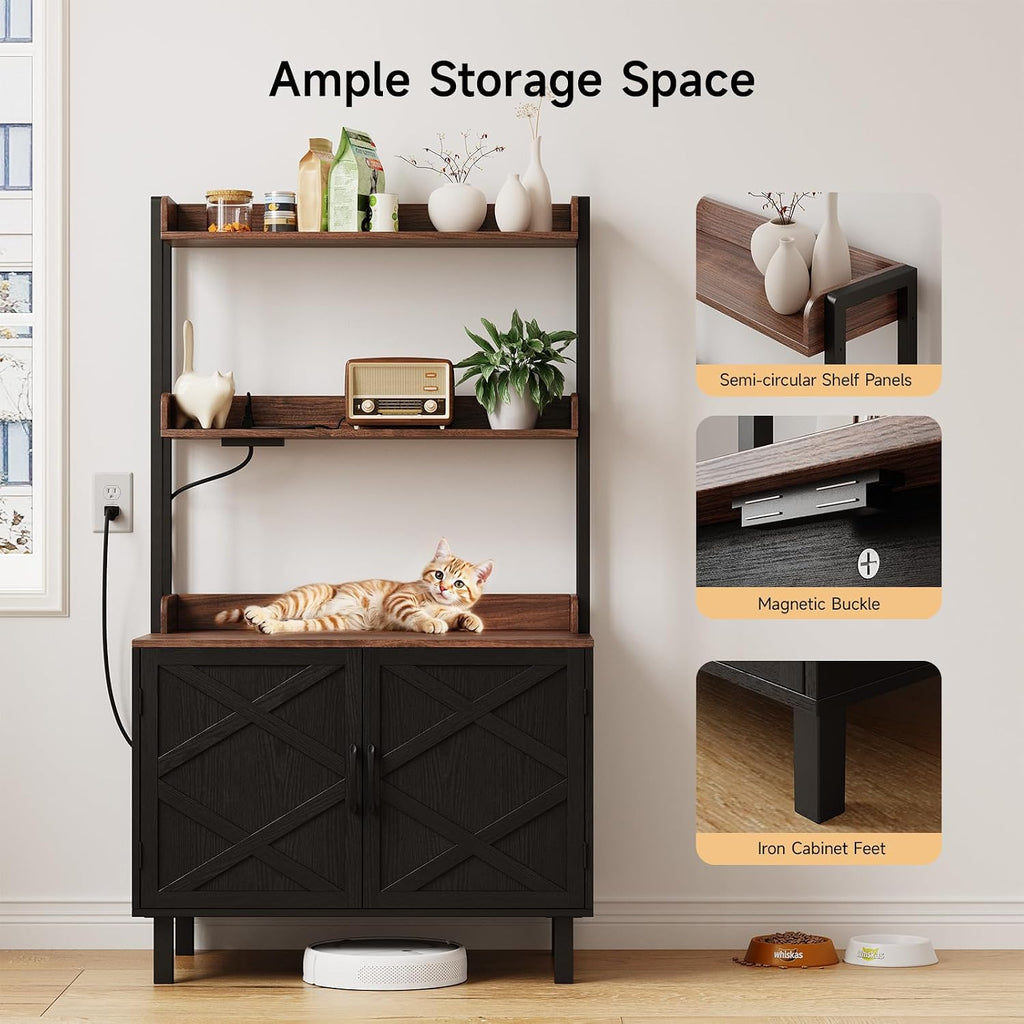 55 Inches Cat Litter Box Enclosure with 2 Storage Shelves, Black